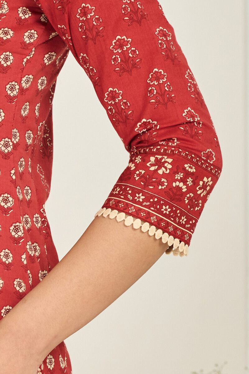 Red Hand Printed Straight Cotton Kurta