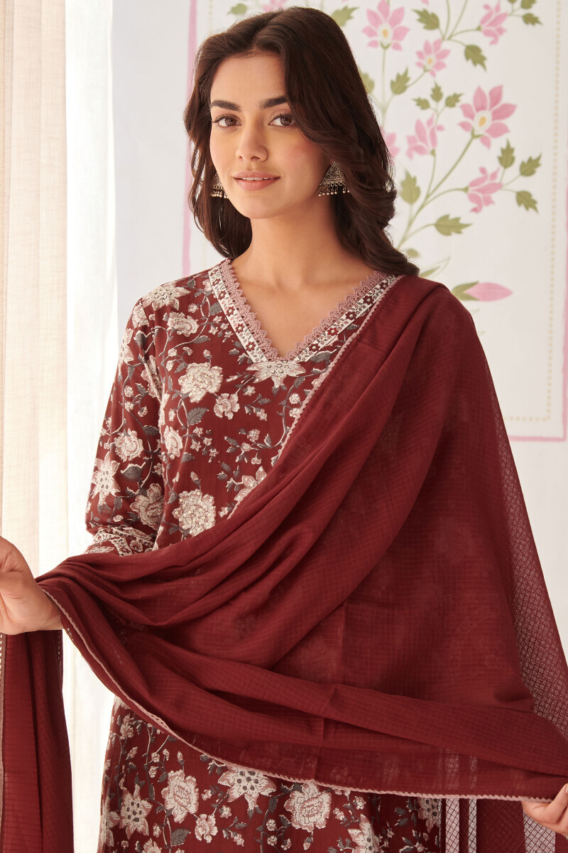 Maroon Hand Printed Straight Cotton Kurta