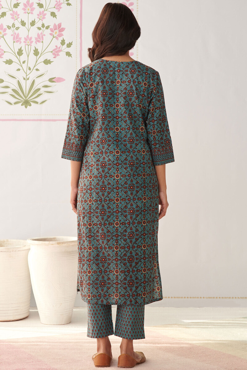 Blue Hand Printed Straight Cotton Kurta