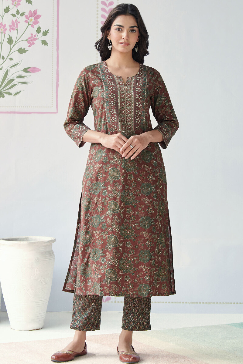 Maroon Printed Straight Cotton Kurta