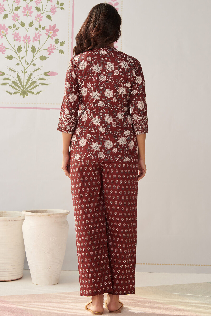 Maroon Hand Printed Cotton Loungewear Set