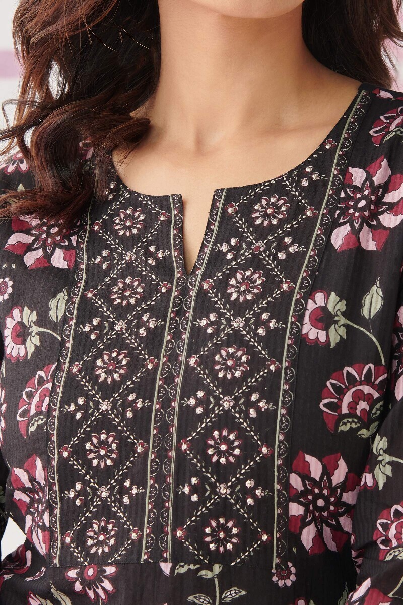 Black Hand Printed Straight Cotton Dobby Kurta