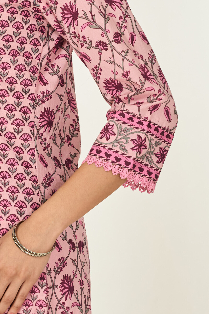 Pink Hand Printed Angrakha Cotton Kurta