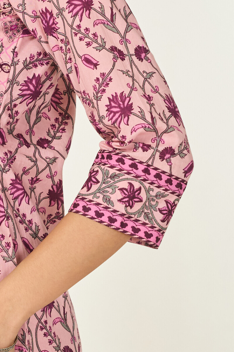 Pink Hand Printed Straight Cotton Kurta