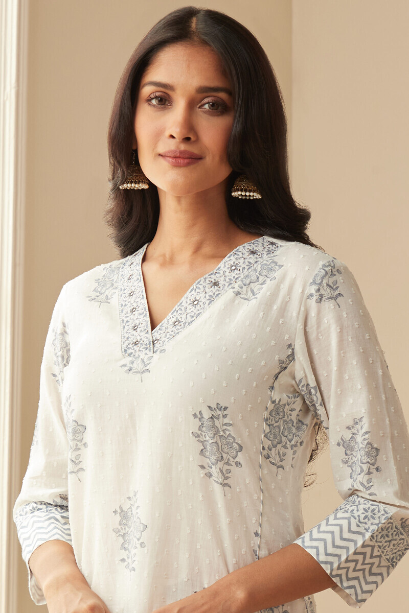 White Hand Block-Printed Straight Cotton Dobby Kurta