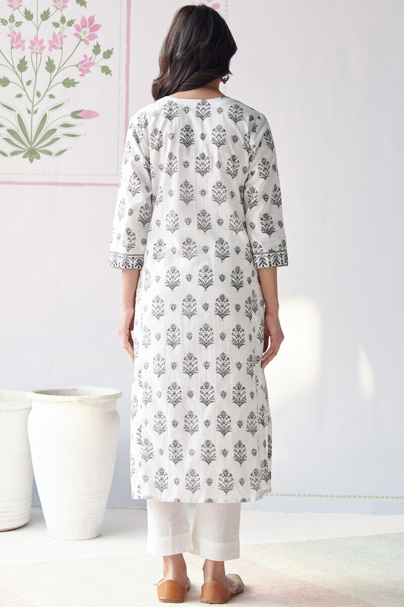 White Hand Printed Straight Cotton Slub Kurta