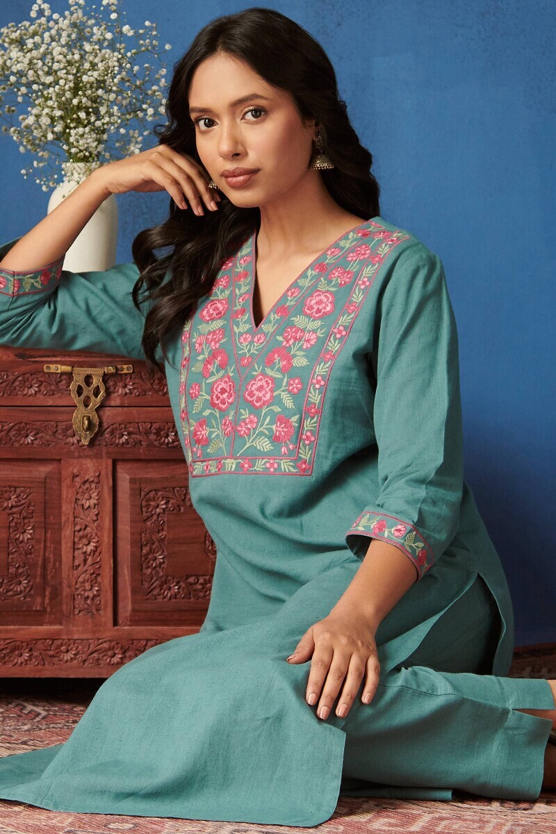 Teal Blue Handcrafted Straight Cotton Flax Kurta