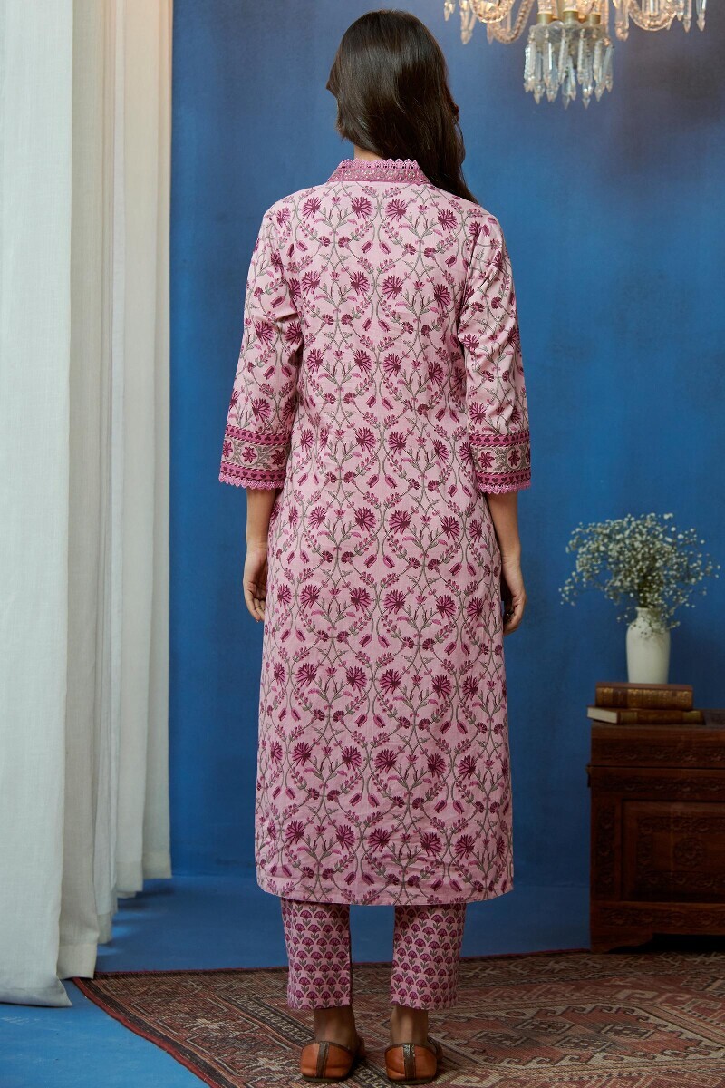 Pink Hand Printed Straight Cotton Kurta