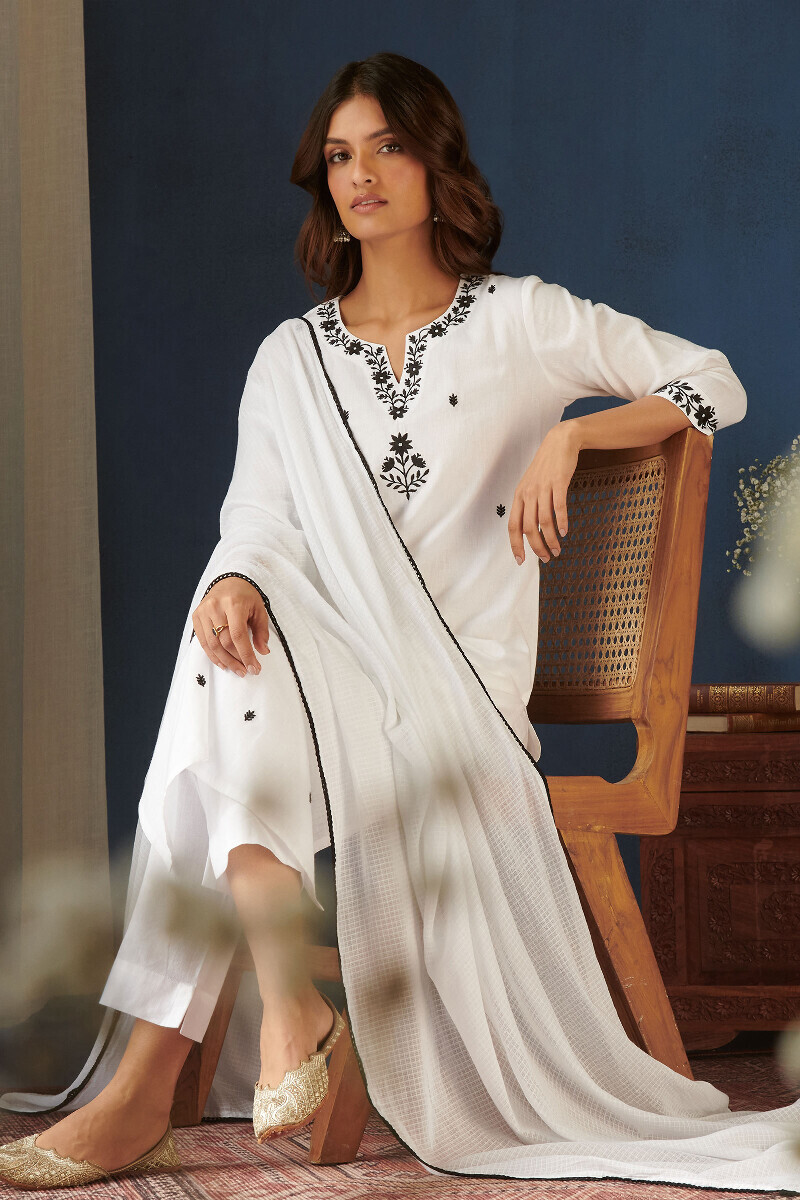 White Handcrafted Straight Cotton Flax Kurta