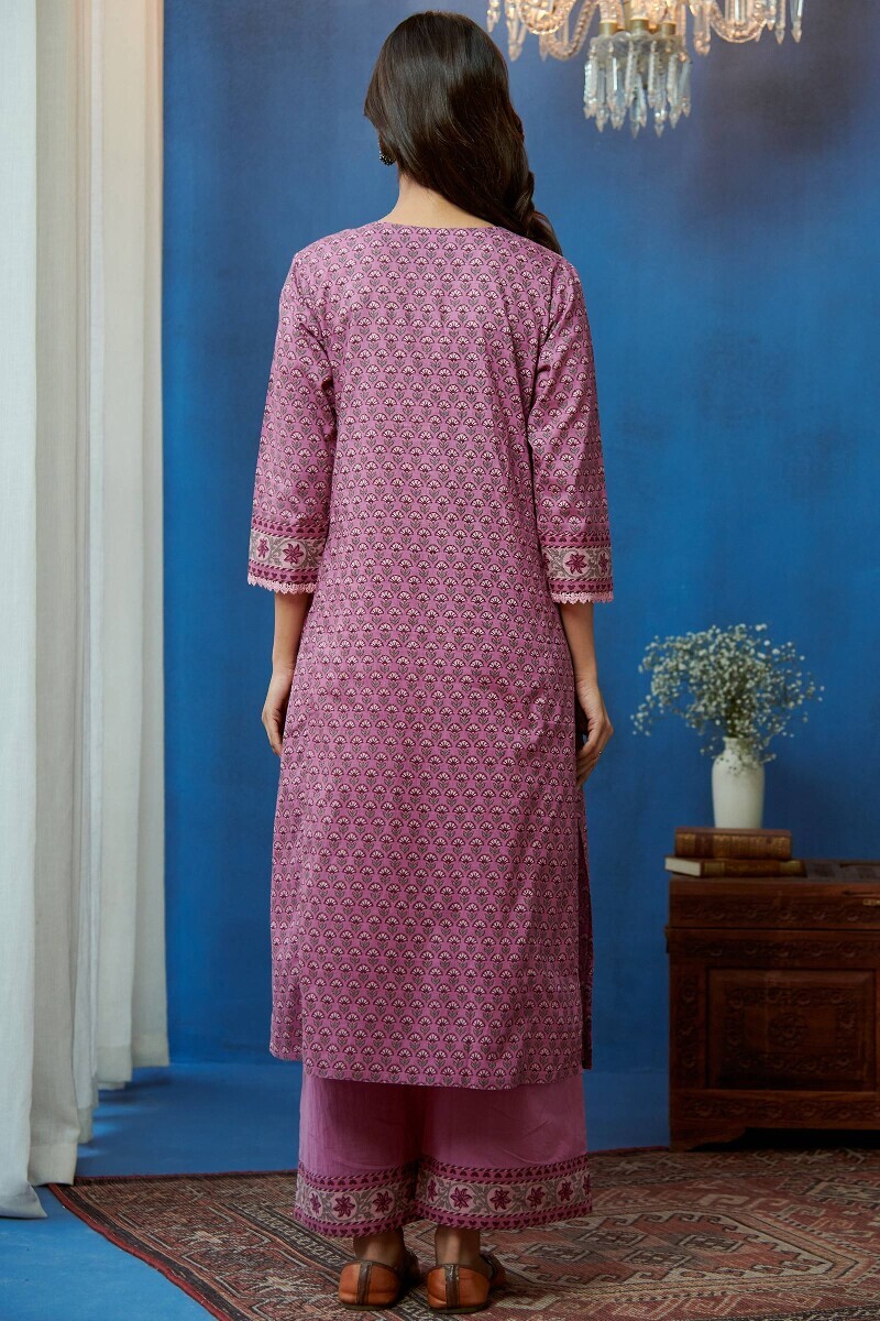 Pink Hand Printed Straight Cotton Kurta