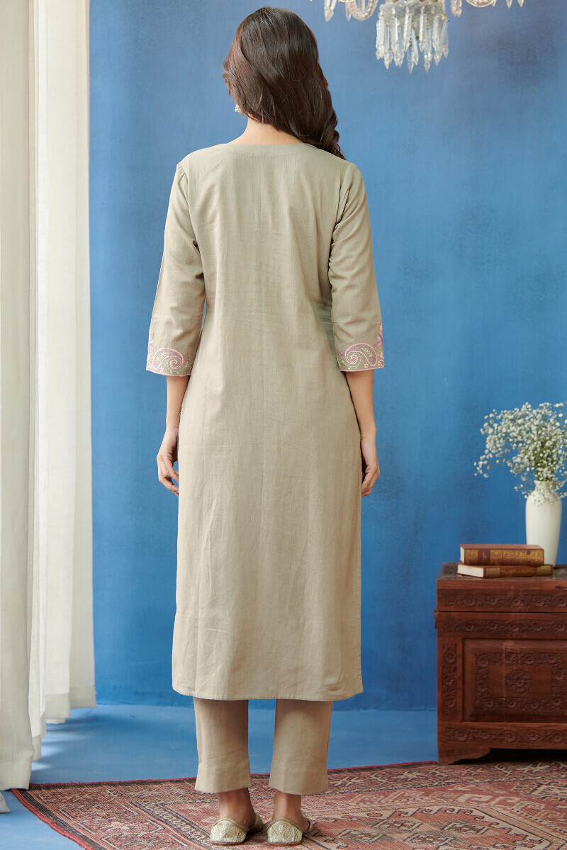 Grey Handcrafted Straight Cotton Flax Kurta