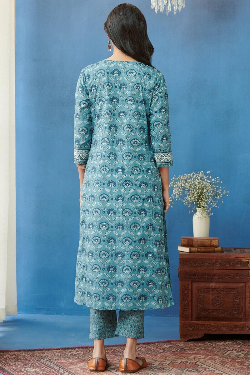 Blue Hand Printed Straight Cotton Kurta