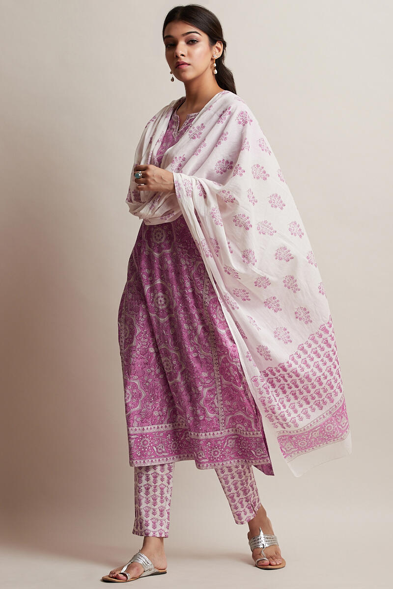 Pink Block Printed Straight Cotton Kurta