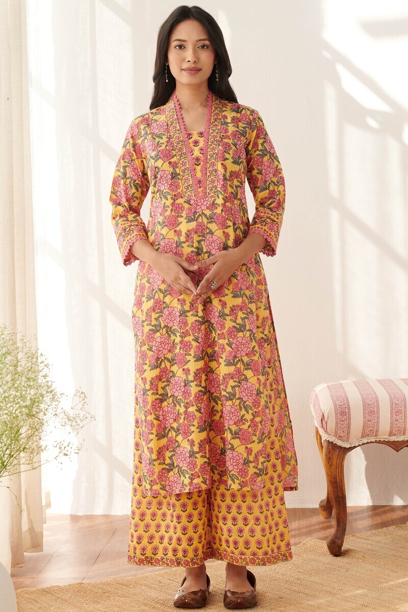 Yellow Hand Printed Straight Cotton Dobby Kurta