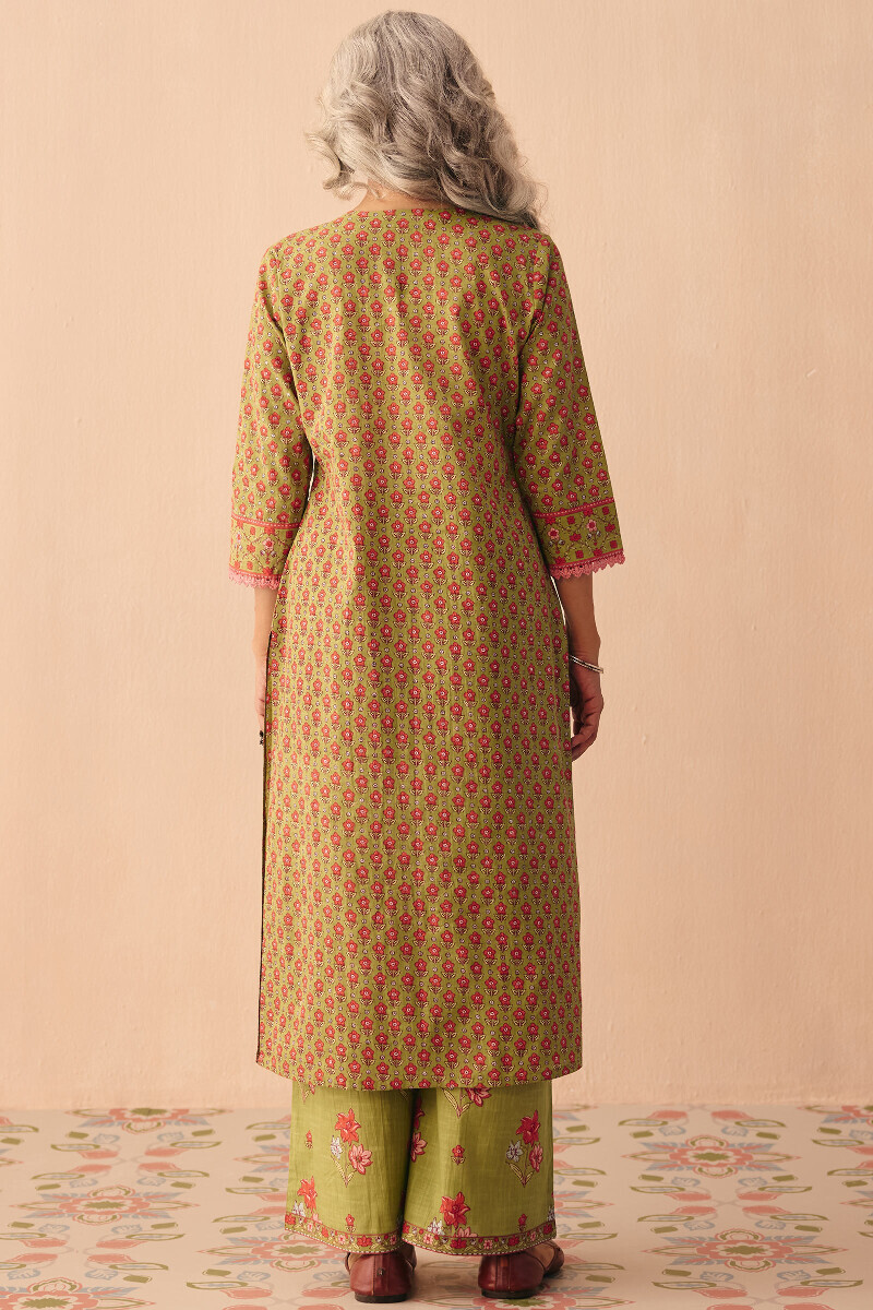 Green Hand Printed Straight Cotton Slub Kurta