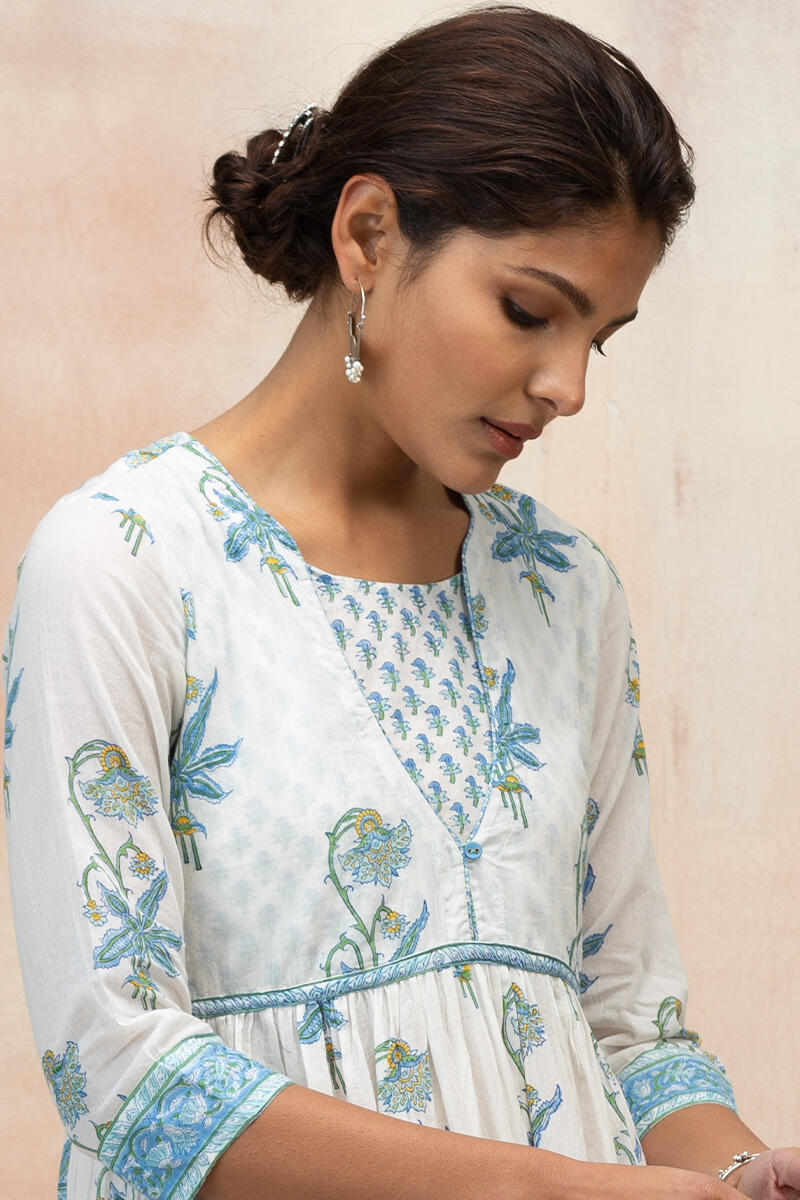 White Block Printed A-Line Cotton Kurta