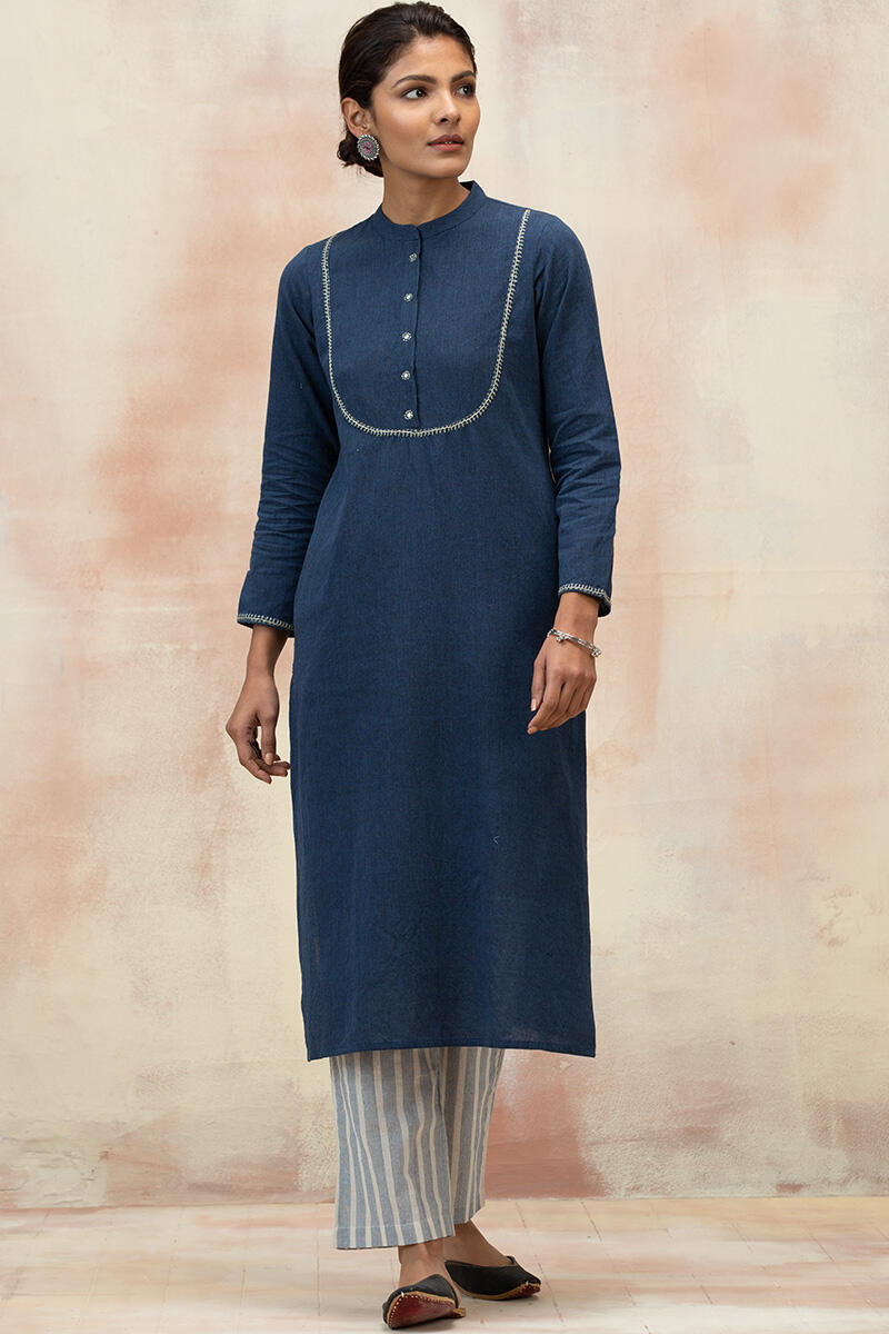 Blue Handcrafted Straight Cotton Kurta