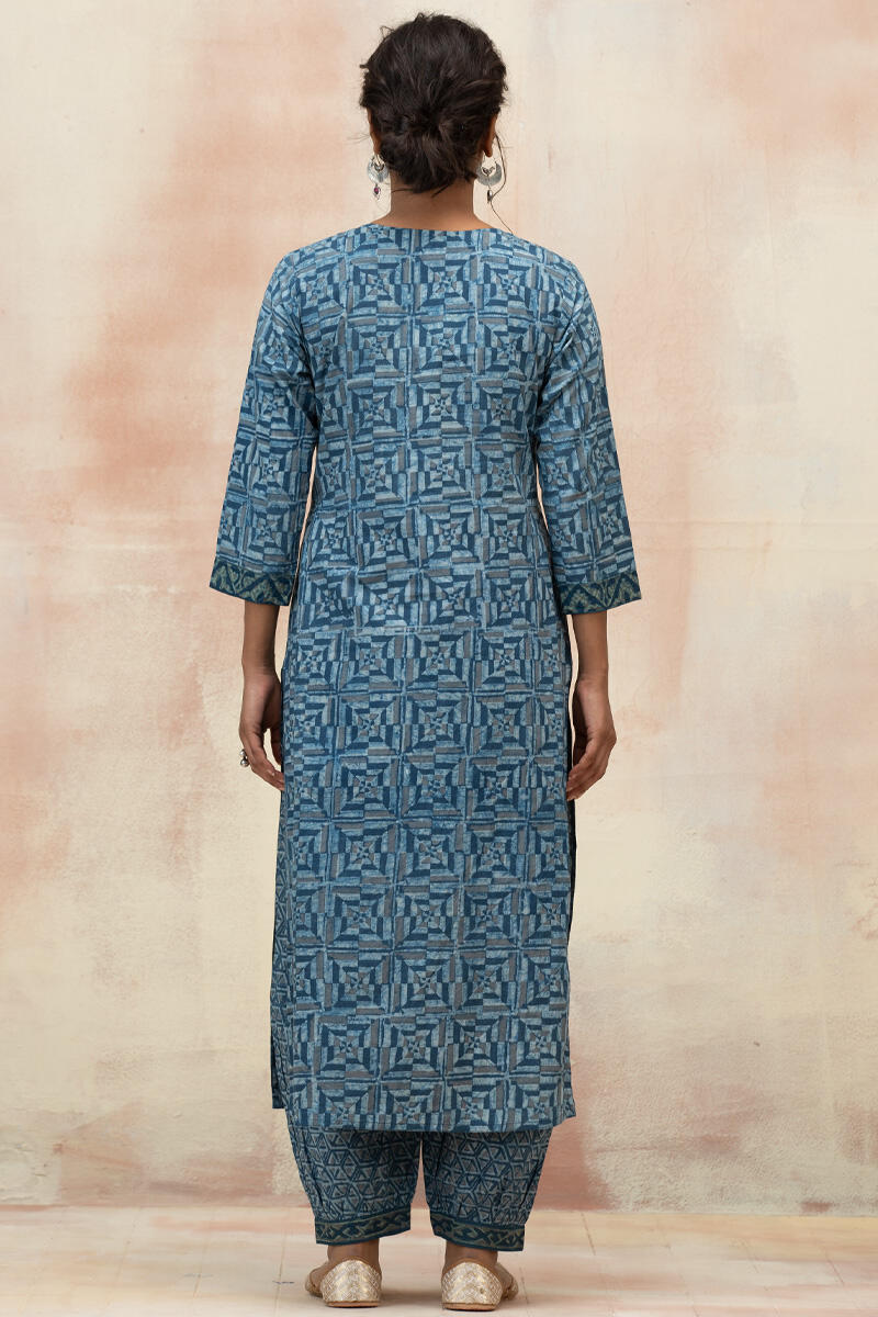 Indigo Block Printed Straight Cotton Kurta