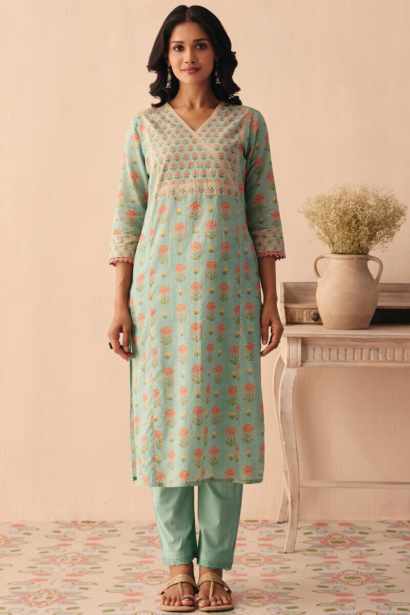 Blue Printed Straight Cotton Kurta