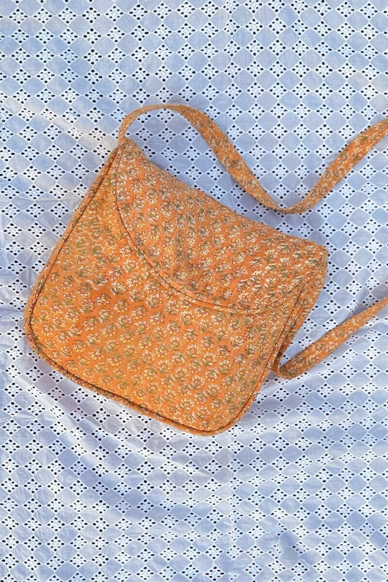 Mustard Hand Block Printed Cotton Slub Cross Body Bag
