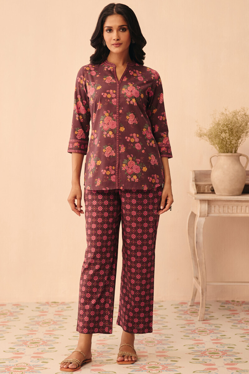 Brown Printed Cotton Loungewear Set