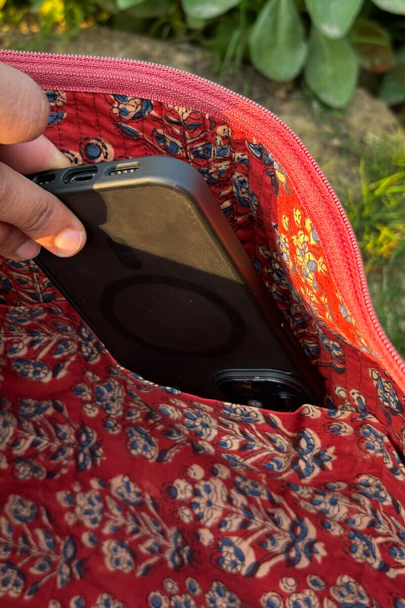 Red Hand Block Printed Holdall Bag