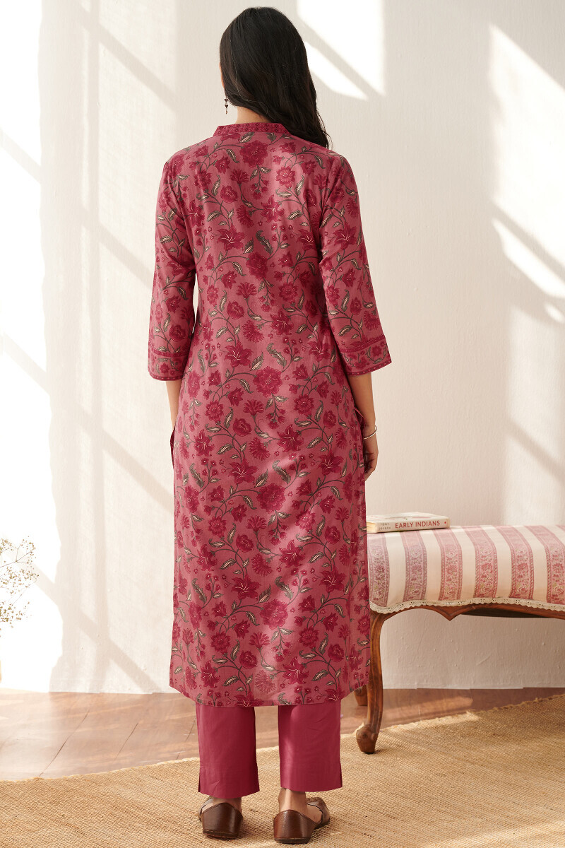 Pink Printed Straight Cotton Kurta