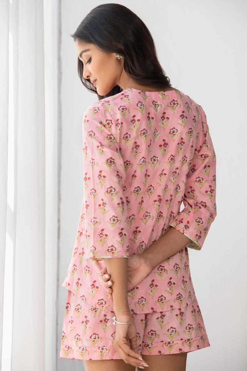 Pink Block Printed Cotton Loungewear Set