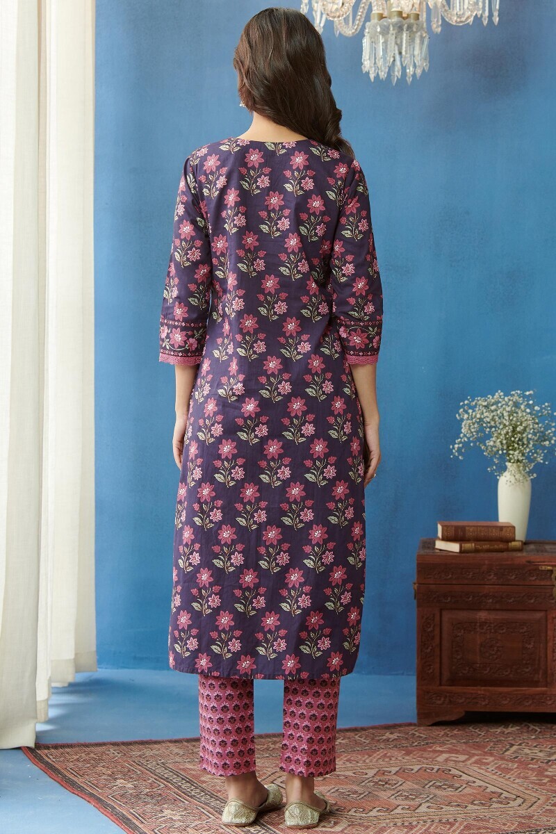 Purple Hand Printed Straight Cotton Kurta