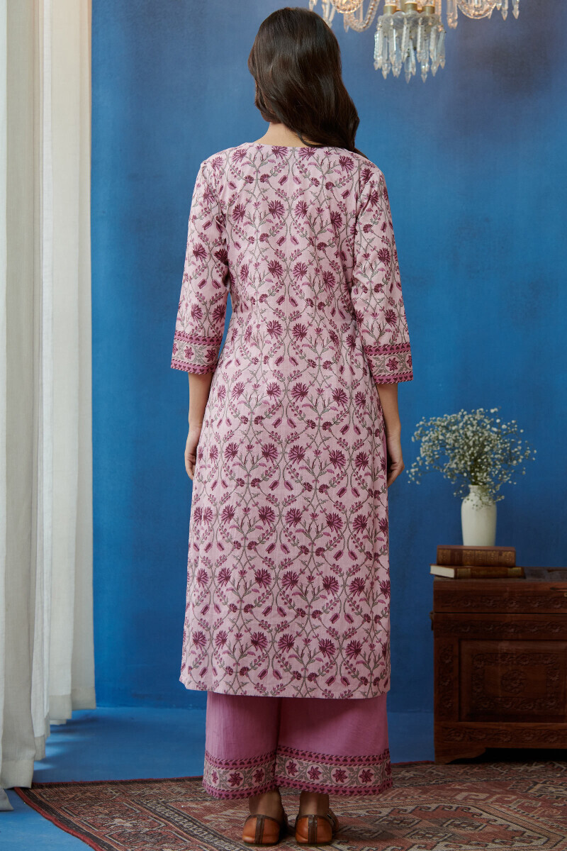 Pink Hand Printed Straight Cotton Kurta