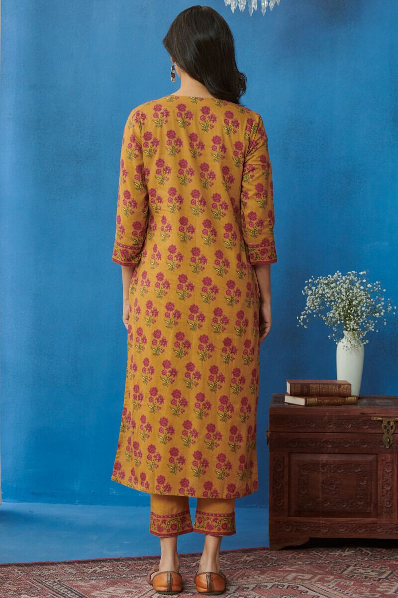 Mustard Printed Straight Cotton Kurta