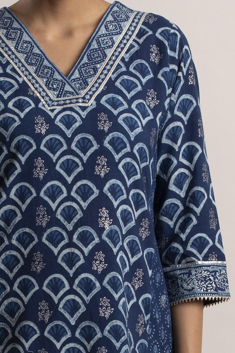 Indigo Block Printed Straight Cotton Kurta