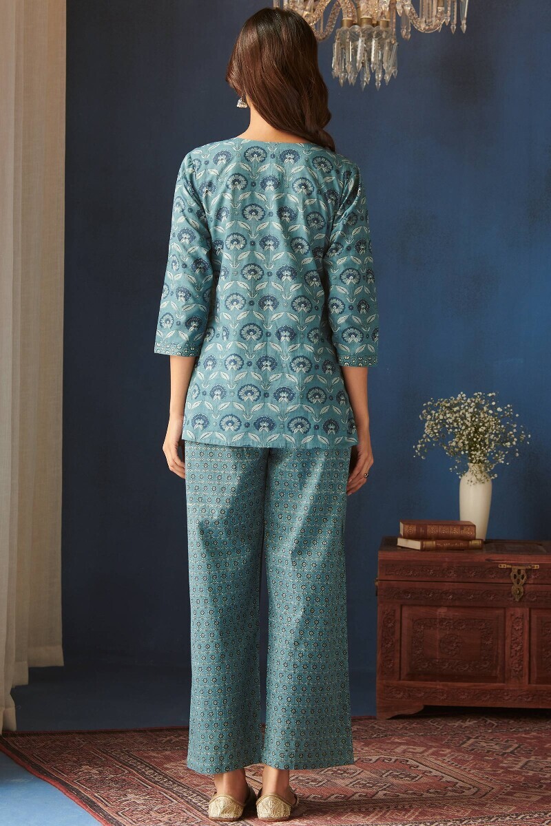 Blue Hand Printed Cotton Loungewear Set