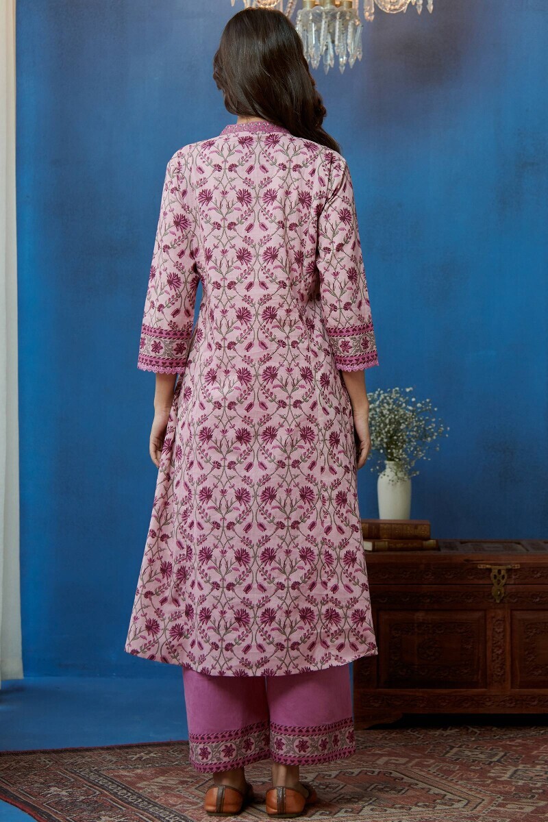 Pink Hand Printed Angrakha Cotton Kurta