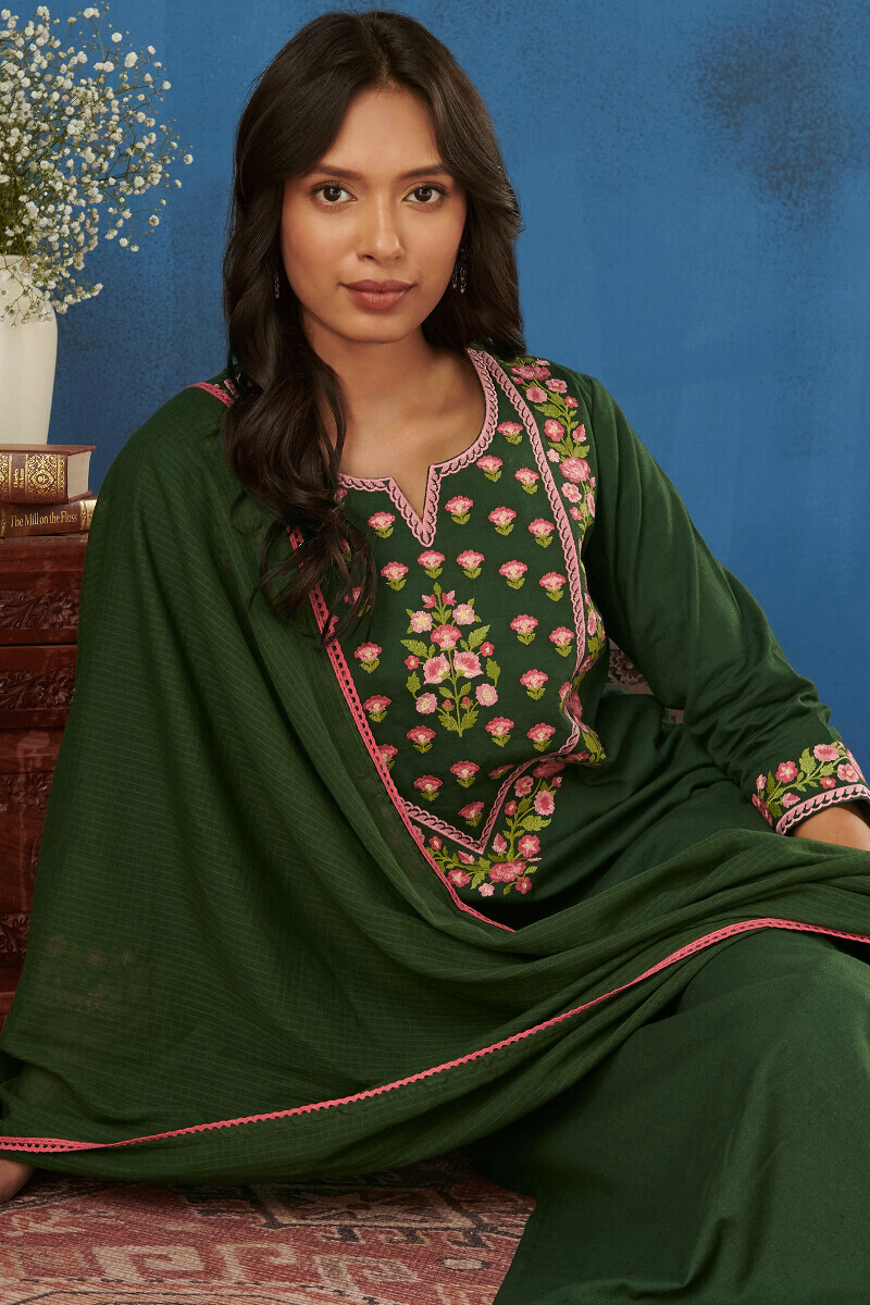 Green Handcrafted Straight Cotton Flax Kurta