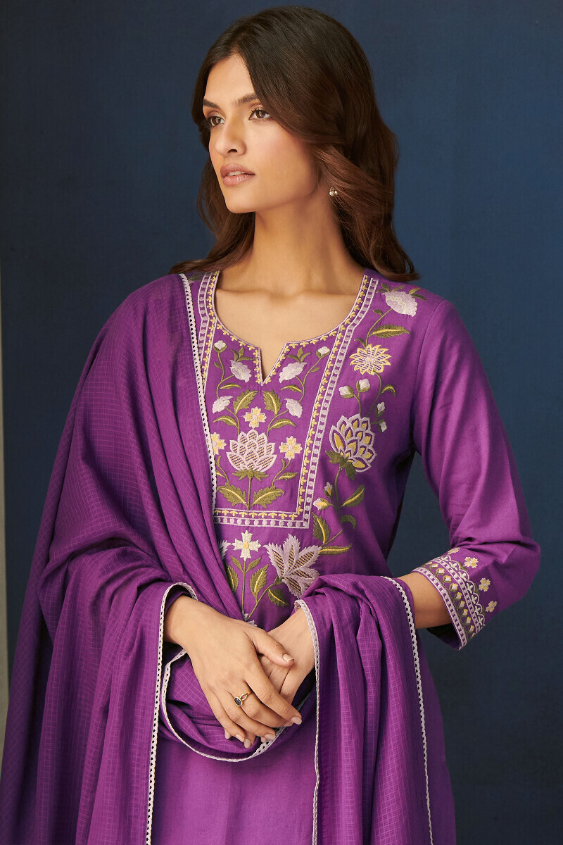 Purple Handcrafted Straight Cotton Flax Kurta