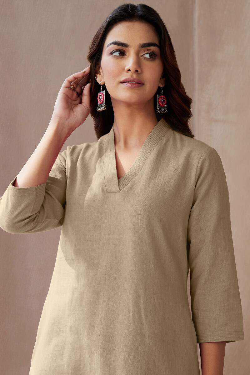 Beige Handcrafted Straight Cotton Flax Kurta