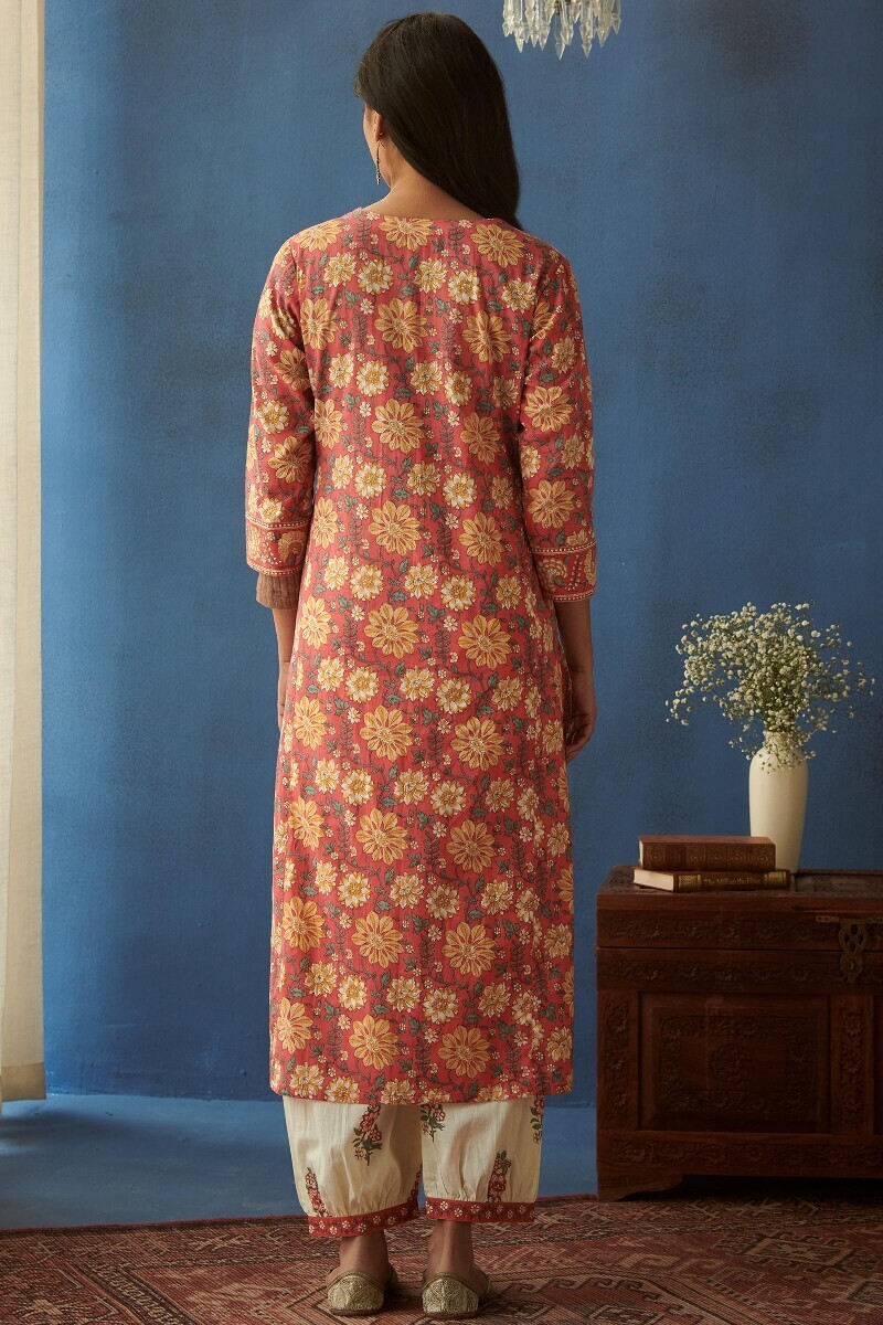 Pink Hand Printed Straight Cotton Kurta