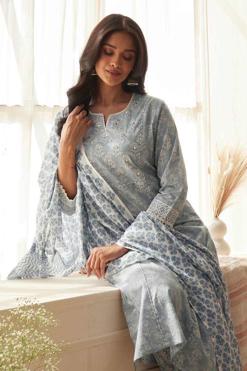Blue Hand Block-Printed Straight Cotton Kurta