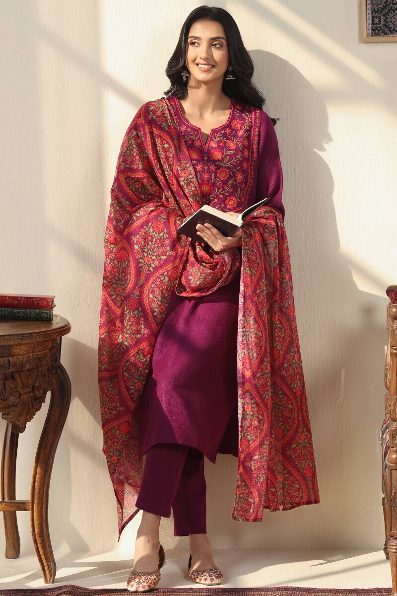 Pink Handcrafted Straight Faux Wool Kurta