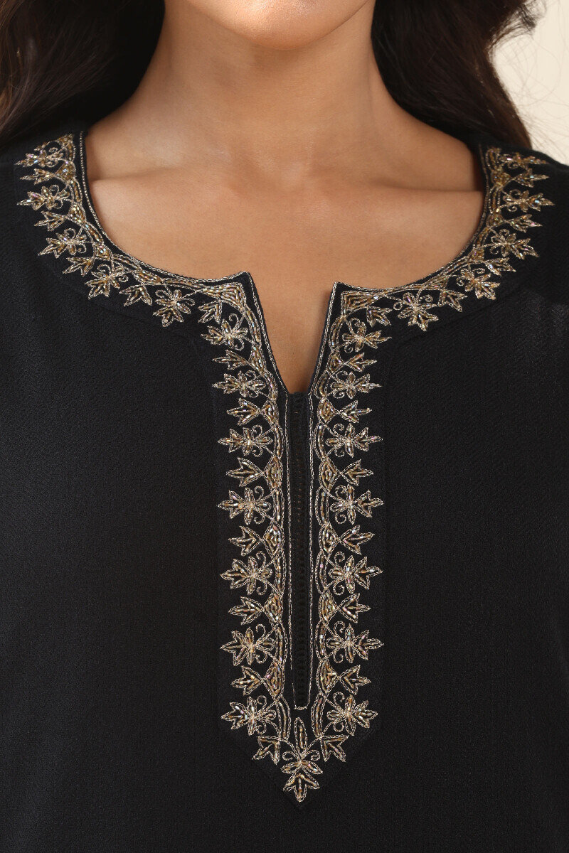 Black Handcrafted Straight Faux Wool Kurta