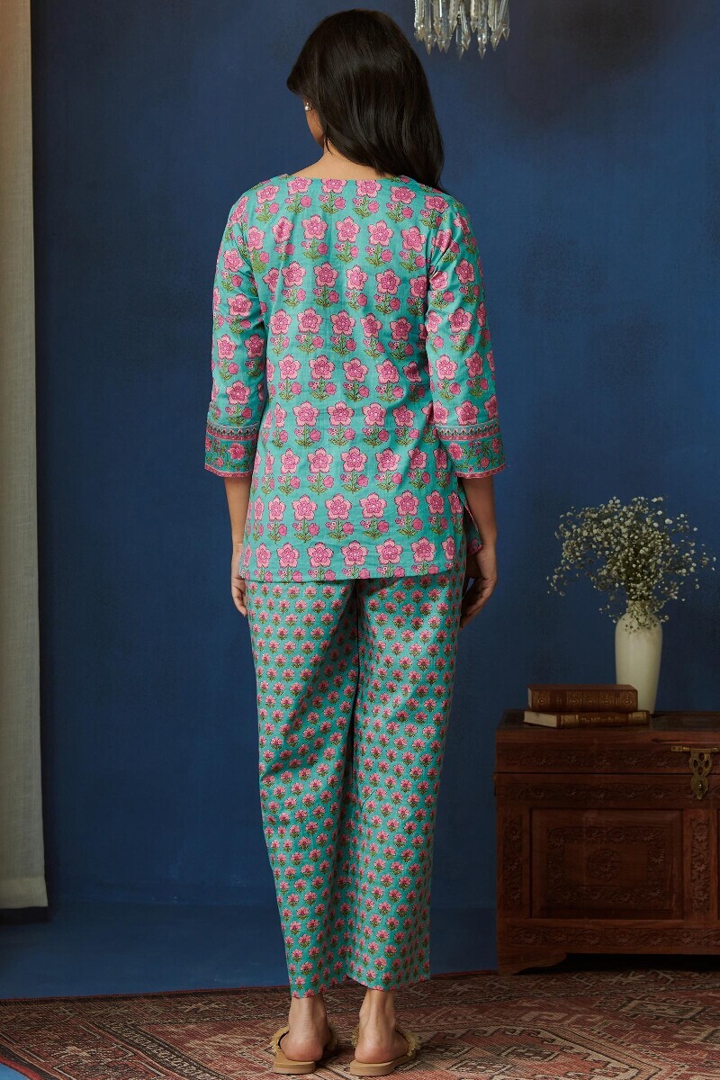 Blue Hand Printed Cotton Slub Loungewear Set