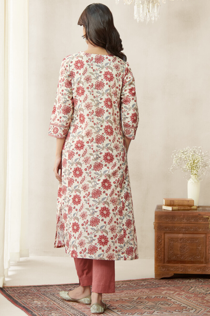 Cream Printed Straight Cotton Kurta