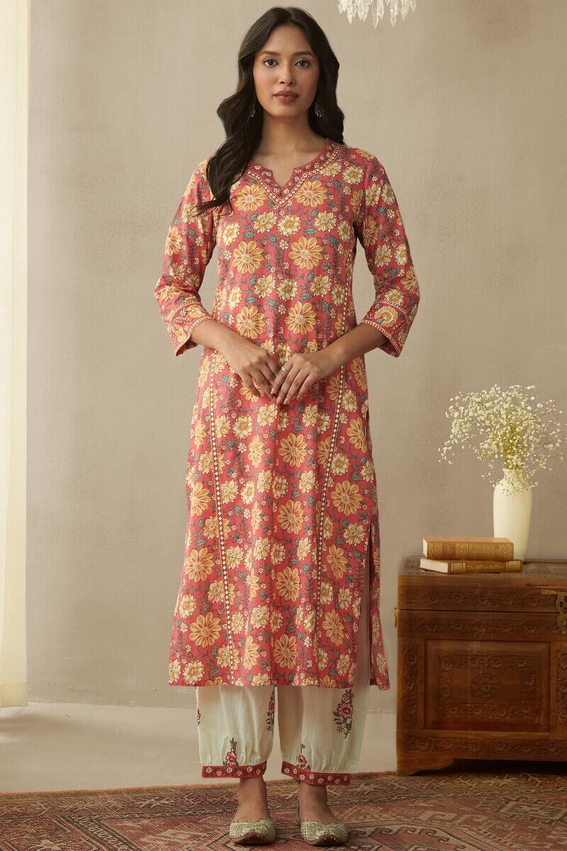 Pink Hand Printed Straight Cotton Kurta