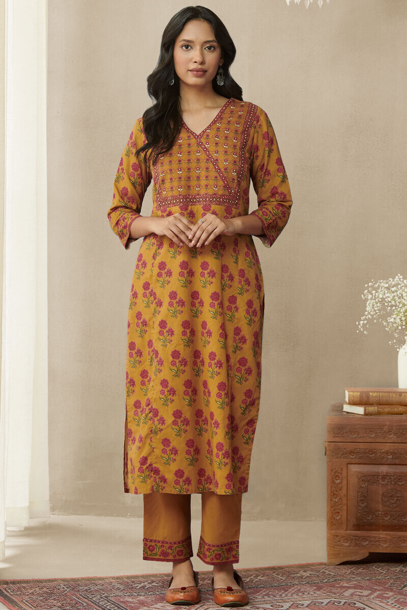 Mustard Printed Straight Cotton Kurta