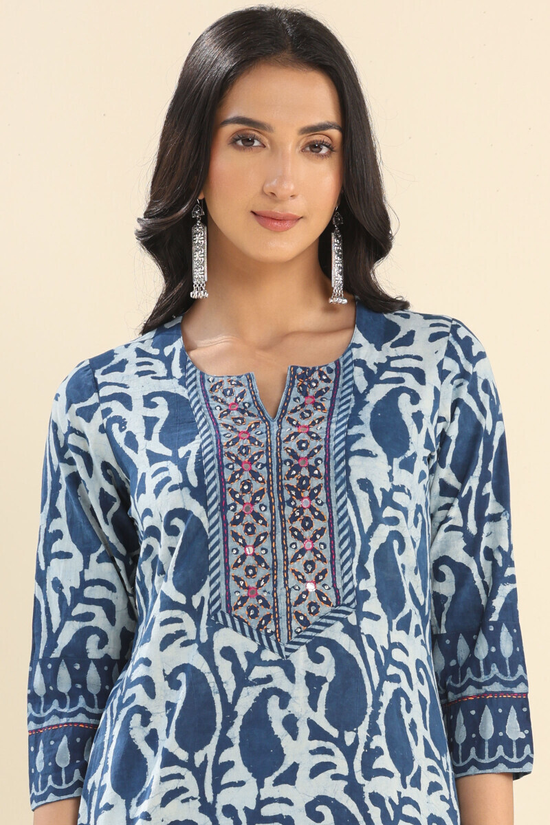 Indigo Hand Block Printed Straight Cotton Kurta