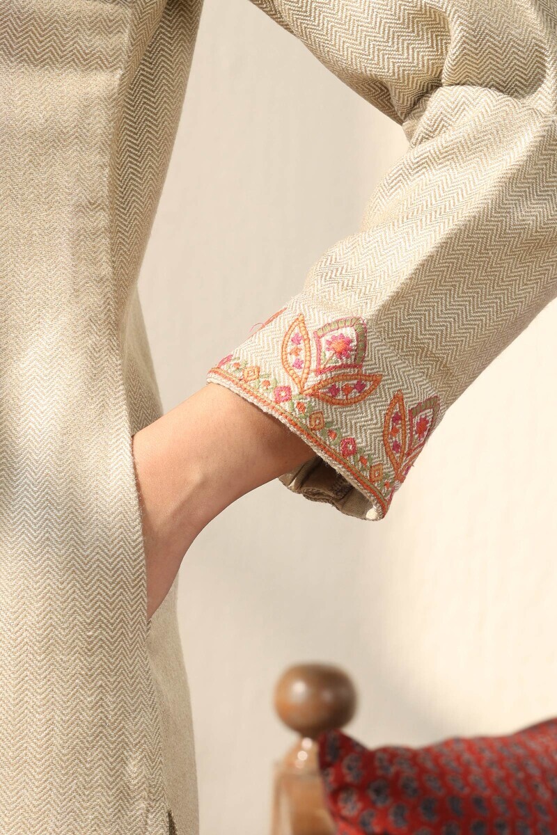 Beige Handcrafted Straight Faux Wool Kurta