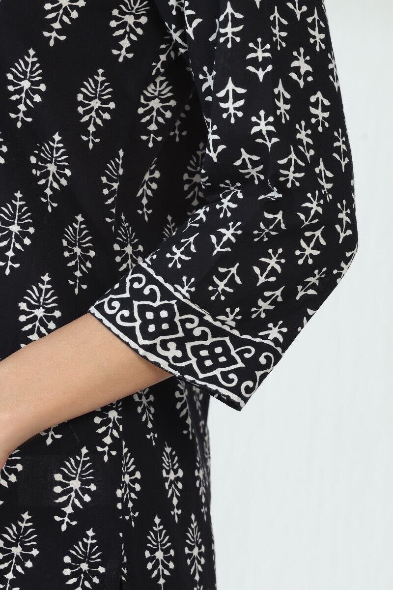 Black Hand Block-Printed Straight Cotton Kurta