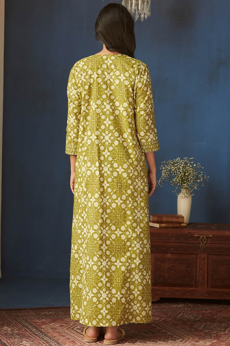 Green Hand Printed Cotton Kaftan