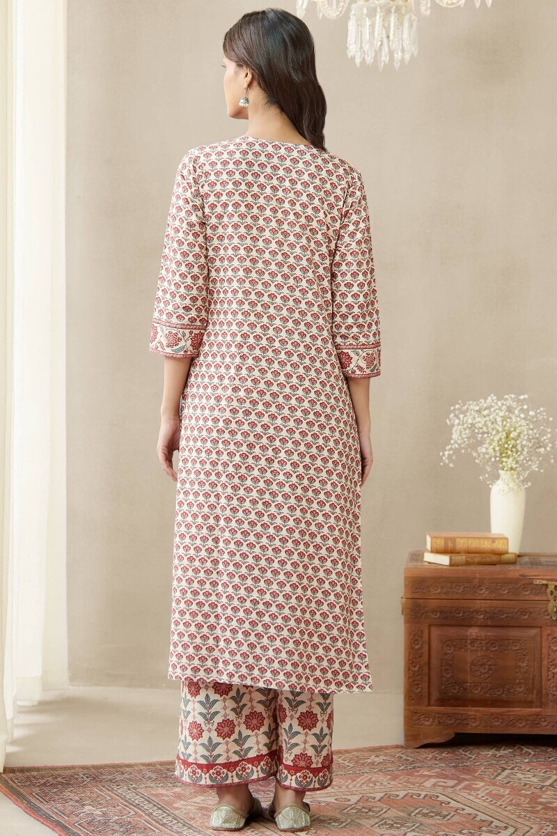 Cream Printed Straight Cotton Kurta